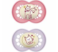 MAM Original Night Soothers Lot de 2 tétines phosphorescentes dans un étui stérilisateur pour tétine à partir de 6 mois et plus, matériaux durables, accessoires pour bébé, rose (différents modèles)