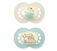 MAM Original Night Sucette 16+ mois (lot de 2), Sucette MAM 16 36 mois qui brille dans l'obscurité avec tétine en caoutchouc, kit de 2 accessoires bébé avec porte-tétine stérilisateur, Vert/neutre