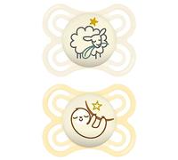 MAM Perfect Night - Tétine pour bébé, brillante dans le noir, respectueuse des dents, en matériaux écologiques et renouvelables, avec boîte à tétine, pour bébé de 0 à 6 mois, moutons/paresseux