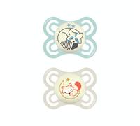 MAM Perfect Nuit Sucette de 2 à 6 mois - Silicone ultra-doux - Lot de 2 sucettes avec boîte de stérilisation - Brille dans la nuit - Vert d'eau et beige