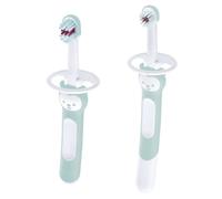MAM Set de brosses à dents d'apprentissage pour bébé, bleu, 2 unités | Brosse extra longue pour nettoyage avec les parents, brosse courte pour nettoyage indépendant, avec protection de sécurité