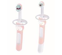 MAM Set de brosses à dents d'apprentissage pour bébé, rose, 2 unités | Brosse extra longue pour nettoyage avec les parents, brosse courte pour nettoyage indépendant, avec protection de sécurité