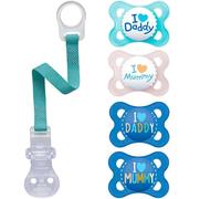 MAM Skin Soft Lot de 4 tétines en silicone avec inscription I love mummy & daddy 0-6 mois et 2 boîtes de transport stérilisées incluses