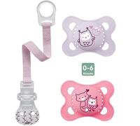 MAM "Skin Soft Silicone Sucette 0-6 Mo. Girl, lot de 2, incl. travel box & Nip Pacifier