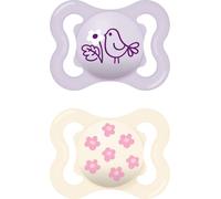 MAM Supreme, lot de 2 sucettes, sucettes pour bébé pour un développement sain des dents et des mâchoires, prévient les irritations cutanées, avec boîte à sucettes, 0-6 mois, oiseau/pâquerette