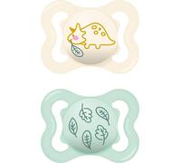 MAM Supreme, lot de 2 sucettes, sucettes pour bébé pour un développement sain des dents et des mâchoires, prévient les irritations cutanées, avec boîte à sucettes, 0-6 mois, Dino/feuilles