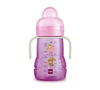 MAM Tasse d'entraînement Night, avec tétine en silicone Skinsoft anti-goutte, facile à attraper, avec poignées qui brillent dans le noir, 4 mois 220 ml, rose vif, nuit