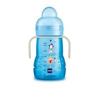 MAM Tasse d'entraînement Night, avec tétine en silicone Skinsoft anti-goutte, facile à attraper, avec poignées qui brillent dans le noir, 4 mois 220 ml, bleu clair