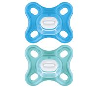 MAM Tétine tout en silicone, 0 à 3 mois, avec tétine symétrique, extra petite et col fin en silicone Skin Soft Silicone facilement acceptable, avec boîte auto-stérilisante, MAM Comfort, bleu, 2 unités