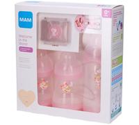 MAM Welcome To The World, Coffret cadeau avec 3 Biberon Easy Start Anticolique, Sucette Start Nano, Clip It & Cover, avec étui porte-sucette, rose