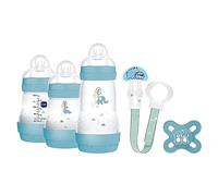 MAM Welcome To The World, Coffret cadeau avec 3 Biberon Easy Start Anticolique, Sucette Start Nano, Clip It & Cover, avec étui porte-tétine, bleu clair