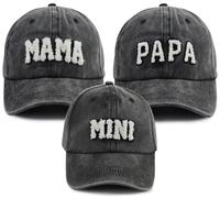 Mama Papa and Mini Chapeaux de baseball réglables brodés en coton pour parents et enfants, lot de 3 chapeaux familiaux assortis, Papa Mama Mini Noir, Talla Única