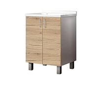 Mama Store AtenalAV Meuble sous-Vasque en méthacrylate avec axe en Bois et égouttoir en Aluminium, 60 x 50 cm, Blanc Mat/chêne Naturel, 60 x 50 x 86 cm (L x P x H)