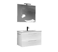 Mama Store Era 60 - Meuble de Salle de Bain Suspendu 60 cm Blanc Arctique avec lavabo, Miroir et Lampe LED, L.62 x P.47 x H.53 cm