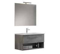 Mama Store GEA2 80 - Meuble de Salle de Bain Suspendu 80 cm Tiroir et Compartiment à Jour Gris Ciment avec lavabo, Miroir et Lampe LED, L.81 x P.45 x H.46 cm