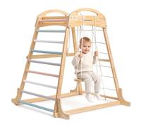 mamabrum Aire de Jeux intérieure en Bois pour Enfants avec balançoire, Anneaux de Gymnastique et Filet d’Escalade - Ensemble Sportif Multifonctionnel pour la Maison