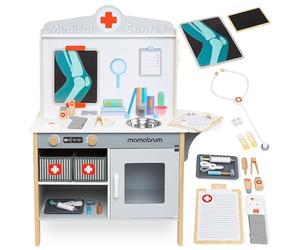 mamabrum Armoire à Pharmacie en Bois XXL - Set Médical pour Enfants avec 20 Accessoires, Bureau de Réception, ÉTagères, Stéthoscope, Seringue - 83,5 x 30 x 100cm