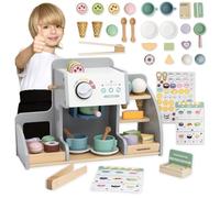 mamabrum Café-Glacier en Bois 2-en-1 pour Enfants avec Machine à Café Glaces Tableau Magnétique - 76 Pièces - Jeu Créatif et Éducatif dès 3 Ans - Bois Naturel et Couleurs Pastel