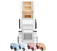 mamabrum Camion Transporteur de Voitures en Bois avec 4 Véhicules - Jouet Éducatif avec Pont ÉLévateur et Remorque - pour Enfants 3-5 Ans - Dimensions 33 x 13,5 x 8,5 cm