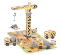 Mamabrum, Chantier de Construction en Bois Avec Grande Grue Mobile et Véhicules, Cônes Routiers, Plate-forme Avec Matériaux de Construction, Jouet pour Enfants et Train en Bois