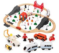 Mamabrum Chemin de Fer en Bois Pont Train Pompiers, Chemin de Fer Ensemble pour Enfants 3+, 19 pièces, Locomotive, Voie avec Train et Wagons, Accessoires, développement de l'imagination et des