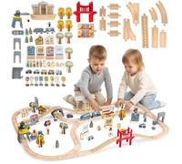 Mamabrum Chemin de Ville en Bois avec Train Électrique et Son - Grue Magnétique, Navire, Ponts, Pistes, Figurines - Kit Rail 130x85 cm pour Enfants 3+