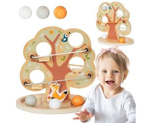 Mamabrum Circuit en Bois pour Billes - Arbre Vert avec 4 Niveaux de Descente et 3 Billes Colorées - Jouet Éducatif Motricité Bébé dès 18 Mois
