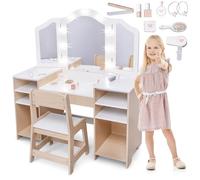 mamabrum Coiffeuse en Bois pour Enfants avec Chaise et LED - MAM238 Ensemble avec 9 Accessoires Et Miroirs Latéraux - Meuble de Jeu Créatif pour Maquillage Dessin et Rangement - dès 3 Ans