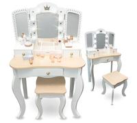 mamabrum Coiffeuse Enfant XXL en Bois avec Tabouret & Miroir LED - Table de Maquillage Fille dès 3 Ans avec Tiroir & Accessoires - Bureau 2-en-1 pour Jeu Créatif