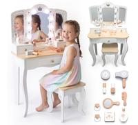 mamabrum Coiffeuse Enfant XXL en Bois avec Tabouret & Miroir LED - Table de Maquillage Fille dès 3 Ans avec Tiroir & Accessoires - Bureau 2-en-1 pour Jeu Créatif