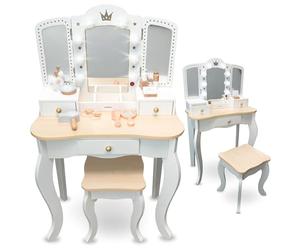mamabrum Coiffeuse Enfant XXL en Bois avec Tabouret & Miroir LED - Table de Maquillage Fille dès 3 Ans avec Tiroir & Accessoires - Bureau 2-en-1 pour Jeu Créatif