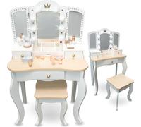Mamabrum Coiffeuse XXL Pour Enfants En Bois Avec Tabouret - Eclairage LED, Miroir 3 Panneaux