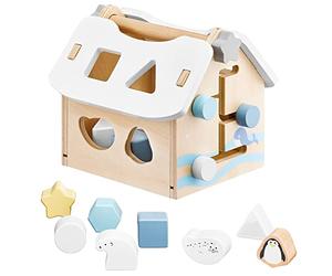 mamabrum Cube d'Éveil en Bois - Maison Trieuse de Formes avec 8 Blocs Géométriques, Tableau Sensoriel - Jouet Éducatif Premier Âge 18x17x19cm - Peinture Non Toxique
