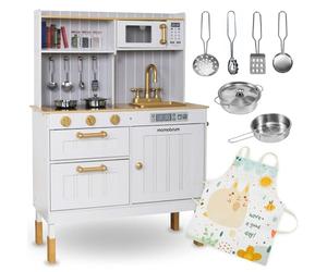 Mamabrum Cuisine en Bois Enfant Sonore - Set Cuisine Jouet avec Four, Micro-Ondes, ÉVier, Casseroles, Tablier - Jeu Imitation 70 x 30 x 99,5 cm pour Enfants 3 Ans (12 Items)