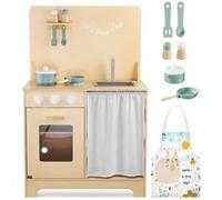 Mamabrum Cuisine Enfant En Bois Avec Eclairage Led + Tablier & Accessoires En Bois - Four Placard Avec Rideau - Ce & En - Beige
