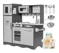 Mamabrum Cuisine Enfant En Bois Éclairage LED XXL 93 x 30 x 83 CM Ustensiles Tablier Frigo Micro-ondes Plaque Certifiée CE & EN - Grise G