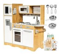 Cuisine enfant en Bois LED Mamabrum 93x30x83 cm- avec Frigo, Micro-Ondes, Plaque, Ustensiles, Tablier - pour Enfants 3 Ans+