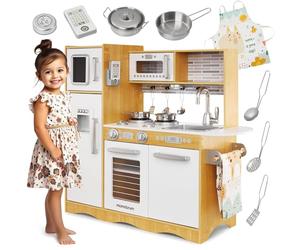 Mamabrum Cuisine Enfant en Bois Grande Taille avec Éclairage LED, Frigo, Four, Micro-Ondes, Tablette, Ustensiles et Tableau Noir - Jouet Éducatif Compatible avec Enfants 3 Ans et Plus
