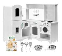 Mamabrum Cuisine Enfants En Bois XXXL Angle - Disposition L - Grand Frigo Plaque de Cuisson Lave Linge Micro-ondes Accessoires Certifiée CE - Blanche Blanc G
