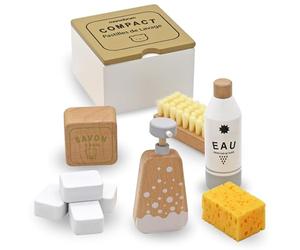 Mamabrum Ensemble de Nettoyage en Bois pour Enfants 3+, 10 Pièces - Kit avec Brosse, Éponge, Balai, Savon, Boîte - Jouets Éducatifs Ménage (24,5 x 16 x 8 cm)