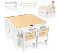 mamabrum Ensemble Table Enfant avec 4 Chaises et 2 Tiroirs, Table en Bois Blanche avec Motif Ours pour Chambre d’Enfant, Mobilier pour Dessin, Jeux, Activités Créatives et Apprentissage