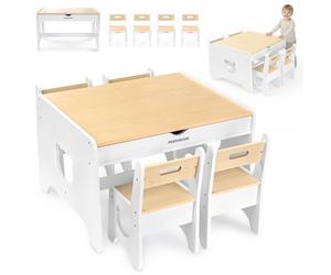 mamabrum Ensemble Table Enfant avec 4 Chaises et 2 Tiroirs, Table en Bois Blanche avec Motif Ours pour Chambre d’Enfant, Mobilier pour Dessin, Jeux, Activités Créatives et Apprentissage