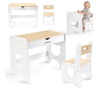 mamabrum Ensemble Table et Chaise Enfant en Bois avec Tiroir, Bureau Enfant Blanc Design Ours, Mobilier pour Chambre d’Enfant pour Dessin, Jeux et Activités Créatives
