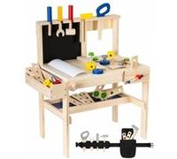 Mamabrum Etabli Enfant Atelier de Bricolage en Bois pour Enfant avec Ceinture, Kit 75 Pièces Table de travail, Marteau, Scie, Tournevis, Clé, Vis, Ecrous… Beige G