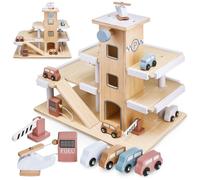Mamabrum Garage pour Voitures en Bois - Parking avec Piste d'Atterrissage 4 Voitures 1 Hélicoptère 1 Pompe à Essence & Accessoires