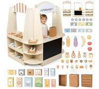Mamabrum Grand Magasin En Bois pour Enfants - 91 Pièces De Shopping Avec Tableau, Fruits Légumes Caisse Enregistreuse Accessoires Éducatifs Amusement 3+