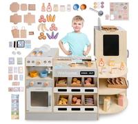 Mamabrum Grand Marché en Bois pour Enfants avec Bar Rapide Magasin d’Angle avec Machine à Café Four Réfrigérateur et 106 Accessoires
