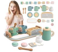 Mamabrum Grand Set de Thé en Bois - 18 Pièces avec Plateau, Tasses et Thés Variés - Ludique Sécurisé Pastel dès 3 Ans - Développe Créativité et Partage