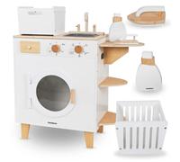 Mamabrum Grande machine à laver en bois pour enfants avec panier en fer et accessoires, jouet éducatif Montessori pour fille de 3 ans et plus BLANC
