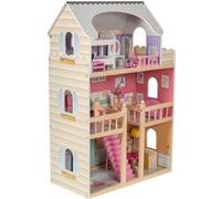 Mamabrum Grande Maison de Poupées en Bois, Éclairage LED 60 x 30 x 90 cm 3 Étages Terrasse & Accessoires - Certificats CE & EN71 Peinture Ecologique Couleurs Pastel Multicolore G